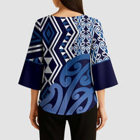 New Zealand Kimono Sleeve Blouse Aotearoa Kowhaiwhai Mix Taniko Art - Blue - Polynesian Pride