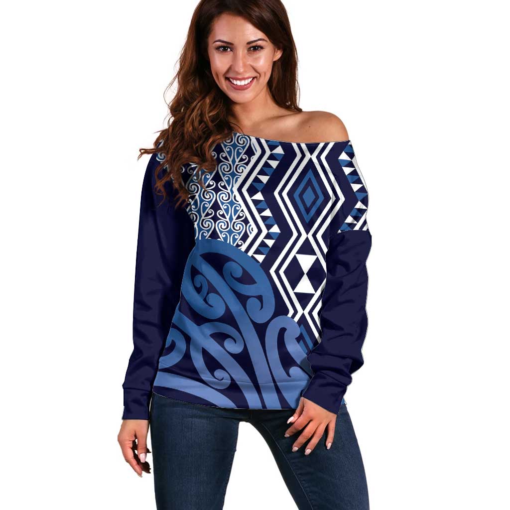 New Zealand Off Shoulder Sweater Aotearoa Kowhaiwhai Mix Taniko Art - Blue LT14 Women Blue - Polynesian Pride