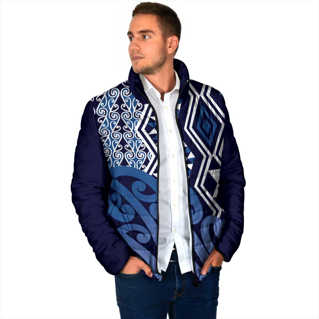 New Zealand Padded Jacket Aotearoa Kowhaiwhai Mix Taniko Art - Blue - Polynesian Pride