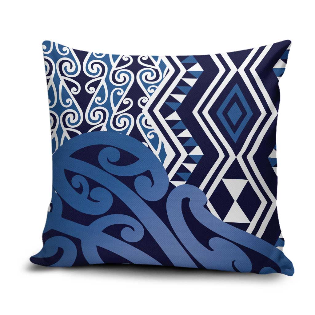 New Zealand Pillow Cover Aotearoa Kowhaiwhai Mix Taniko Art - Blue - Polynesian Pride