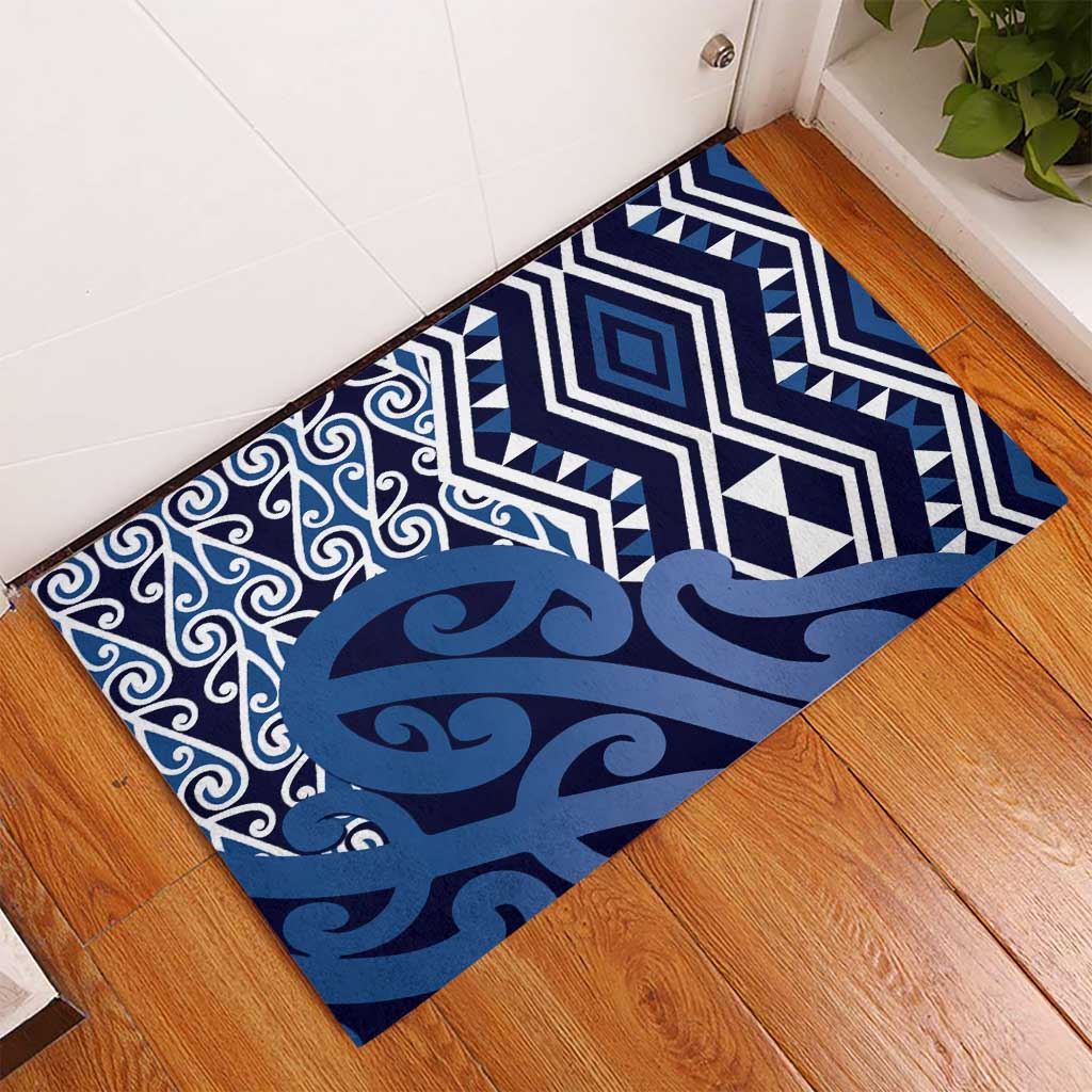 New Zealand Rubber Doormat Aotearoa Kowhaiwhai Mix Taniko Art - Blue LT14 - Polynesian Pride