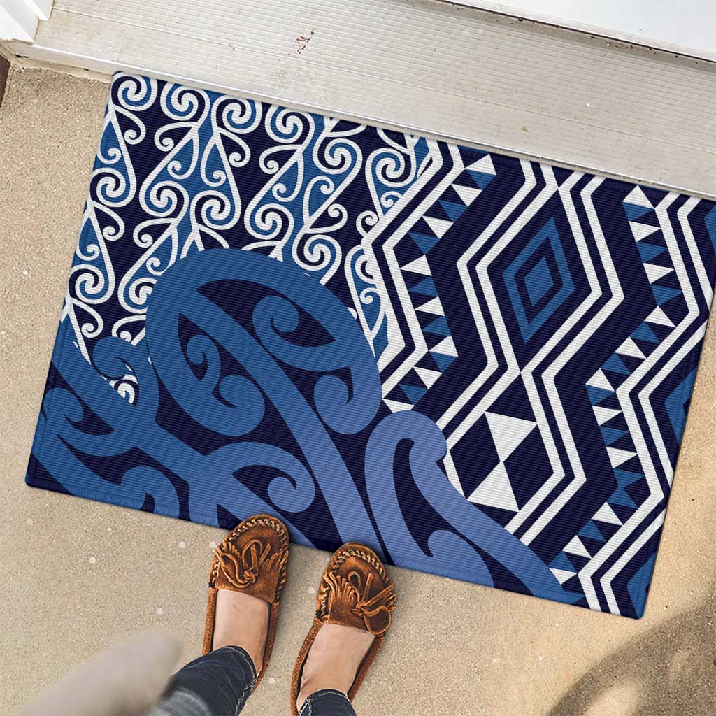 New Zealand Rubber Doormat Aotearoa Kowhaiwhai Mix Taniko Art - Blue LT14 - Polynesian Pride