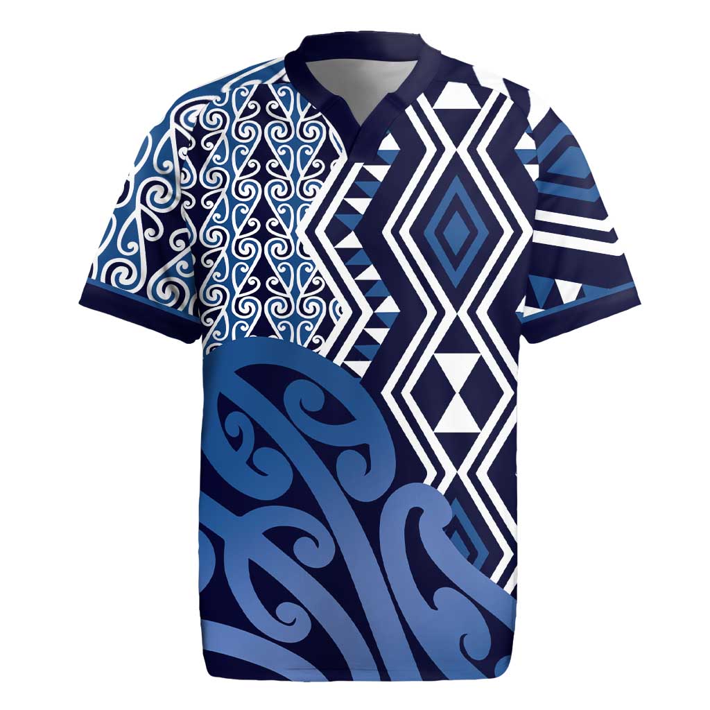 New Zealand Rugby Jersey Aotearoa Kowhaiwhai Mix Taniko Art - Blue