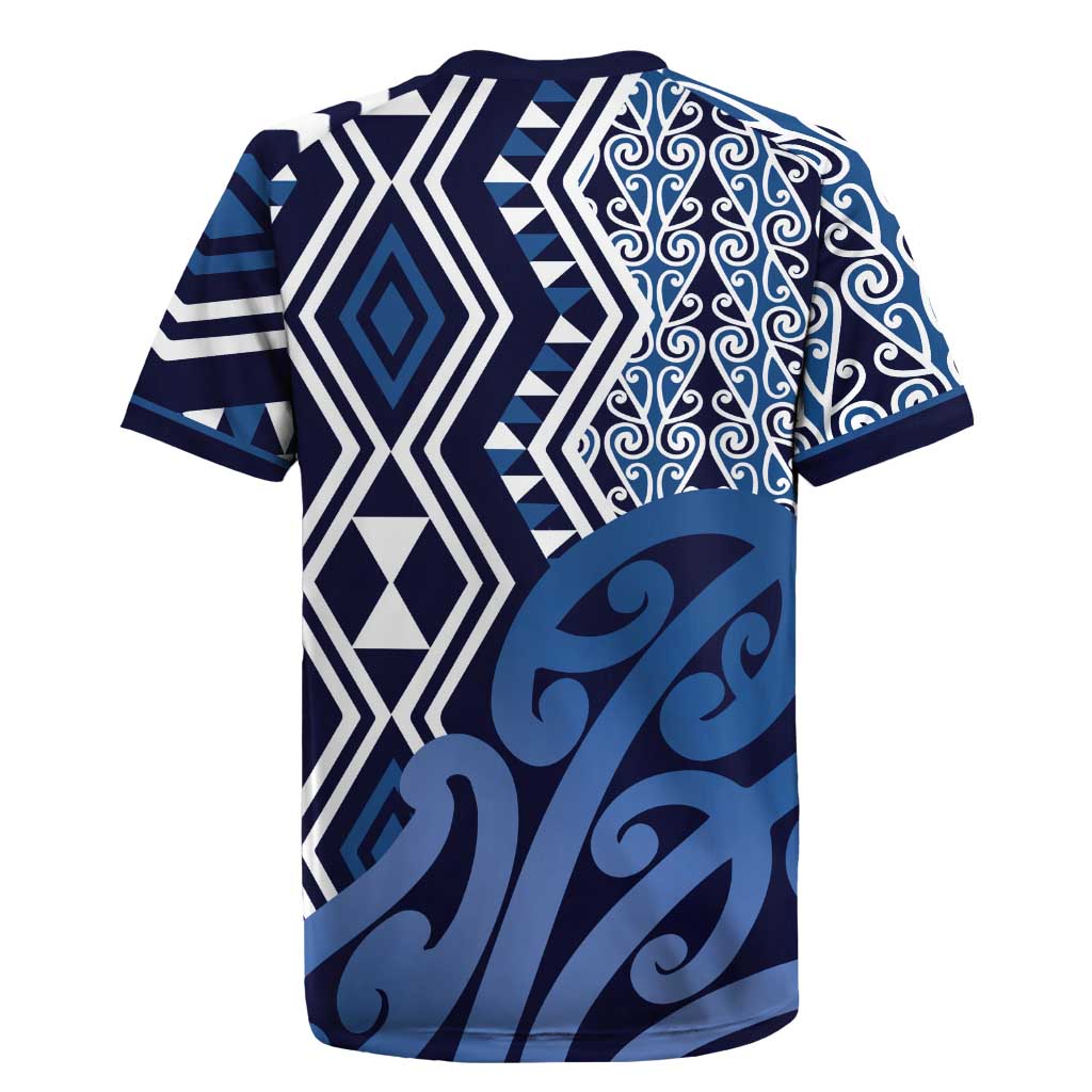 New Zealand Rugby Jersey Aotearoa Kowhaiwhai Mix Taniko Art - Blue
