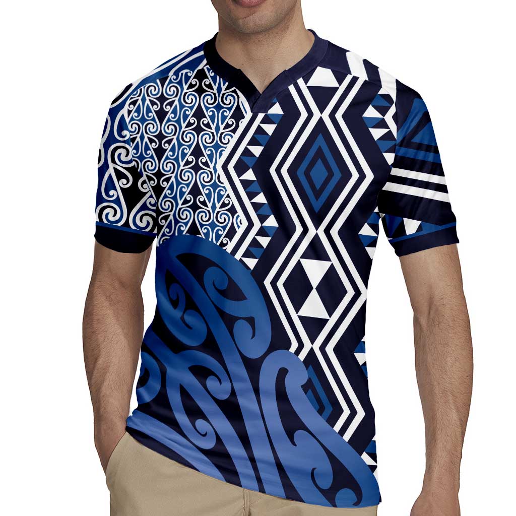 New Zealand Rugby Jersey Aotearoa Kowhaiwhai Mix Taniko Art - Blue