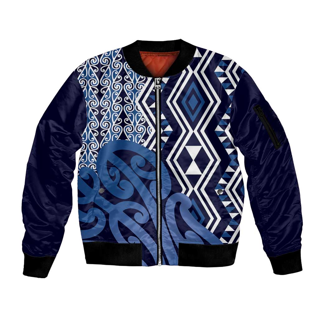 New Zealand Sleeve Zip Bomber Jacket Aotearoa Kowhaiwhai Mix Taniko Art - Blue LT14 Unisex Blue - Polynesian Pride