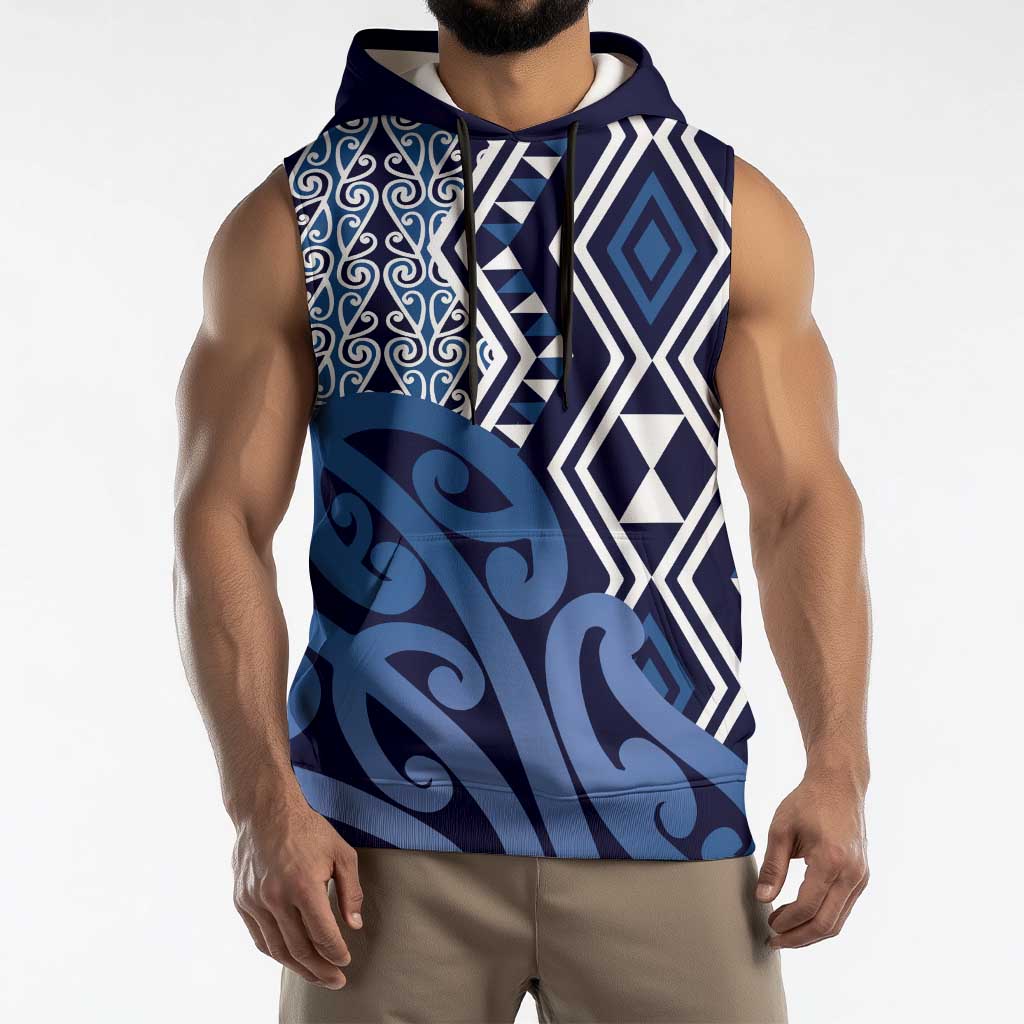 New Zealand Sleeveless Hoodie Aotearoa Kowhaiwhai Mix Taniko Art - Blue - Polynesian Pride