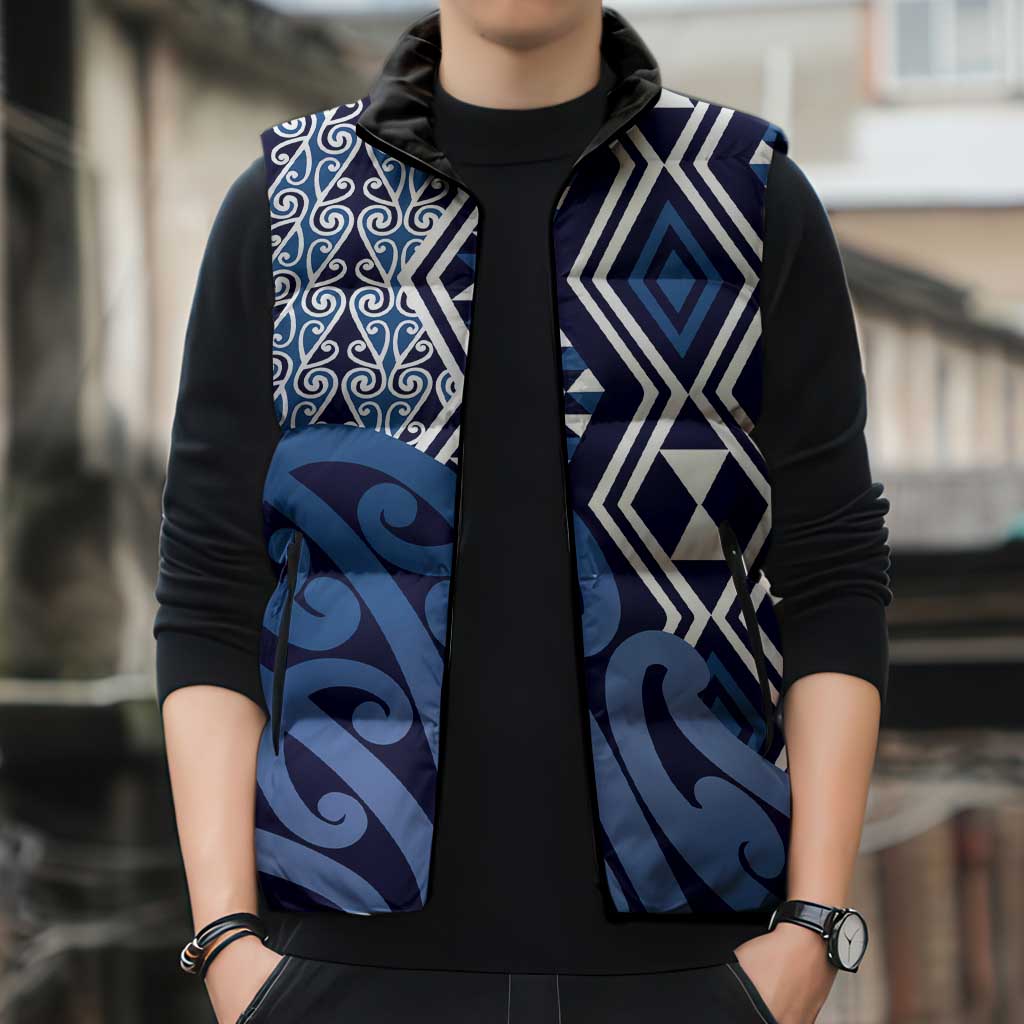 New Zealand Sleeveless Puffer Jacket Aotearoa Kowhaiwhai Mix Taniko Art - Blue - Polynesian Pride