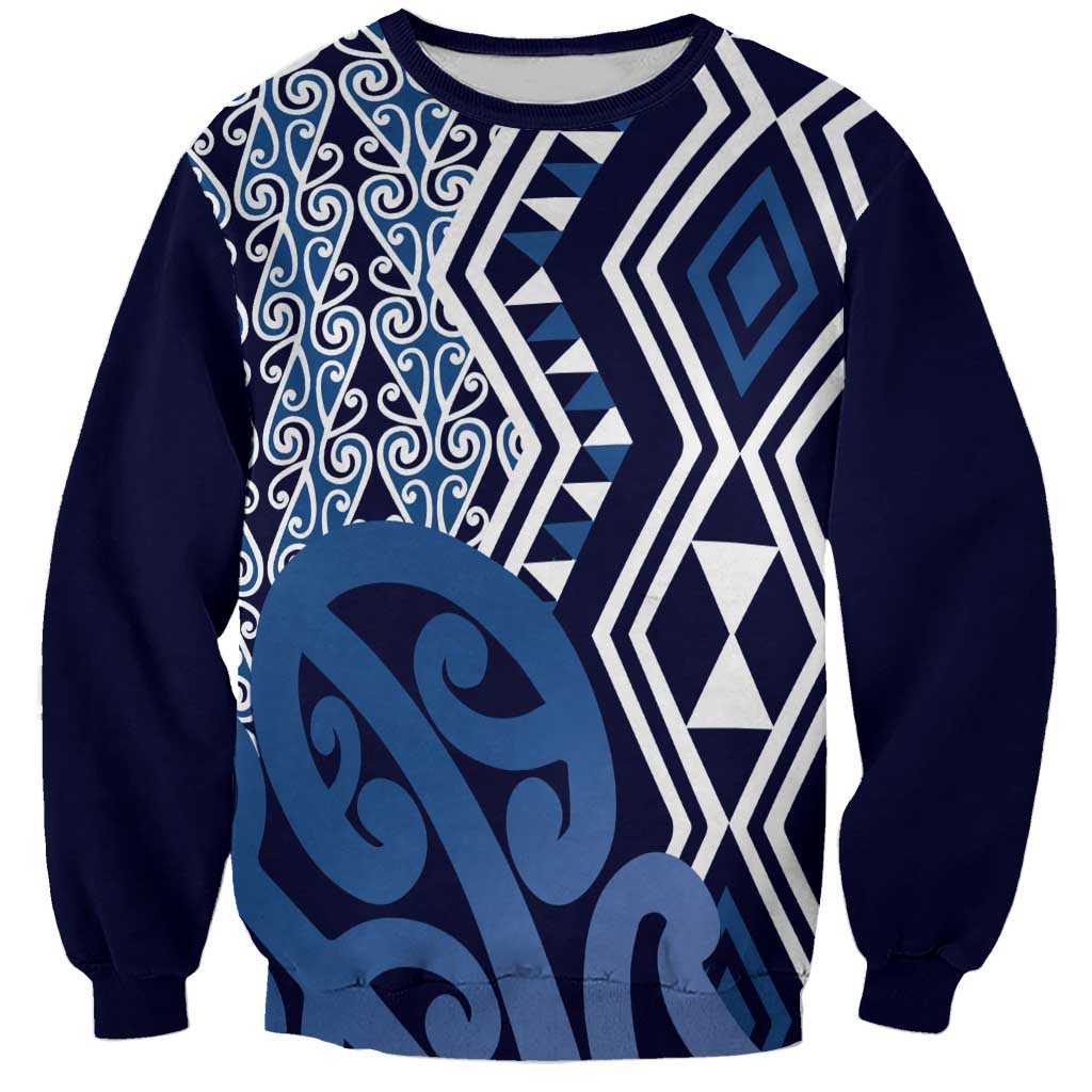 New Zealand Sweatshirt Aotearoa Kowhaiwhai Mix Taniko Art - Blue