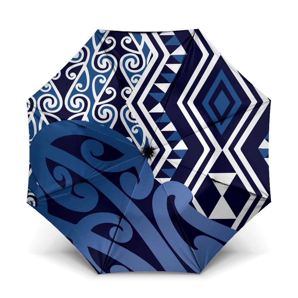 New Zealand Umbrella Aotearoa Kowhaiwhai Mix Taniko Art - Blue - Polynesian Pride