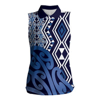 New Zealand Women Sleeveless Polo Shirt Aotearoa Kowhaiwhai Mix Taniko Art - Blue