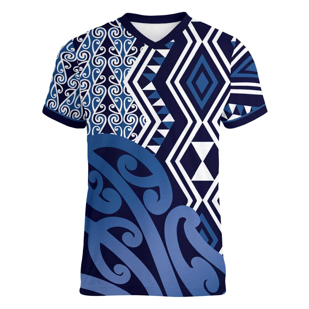 New Zealand Women V-Neck T-Shirt Aotearoa Kowhaiwhai Mix Taniko Art - Blue