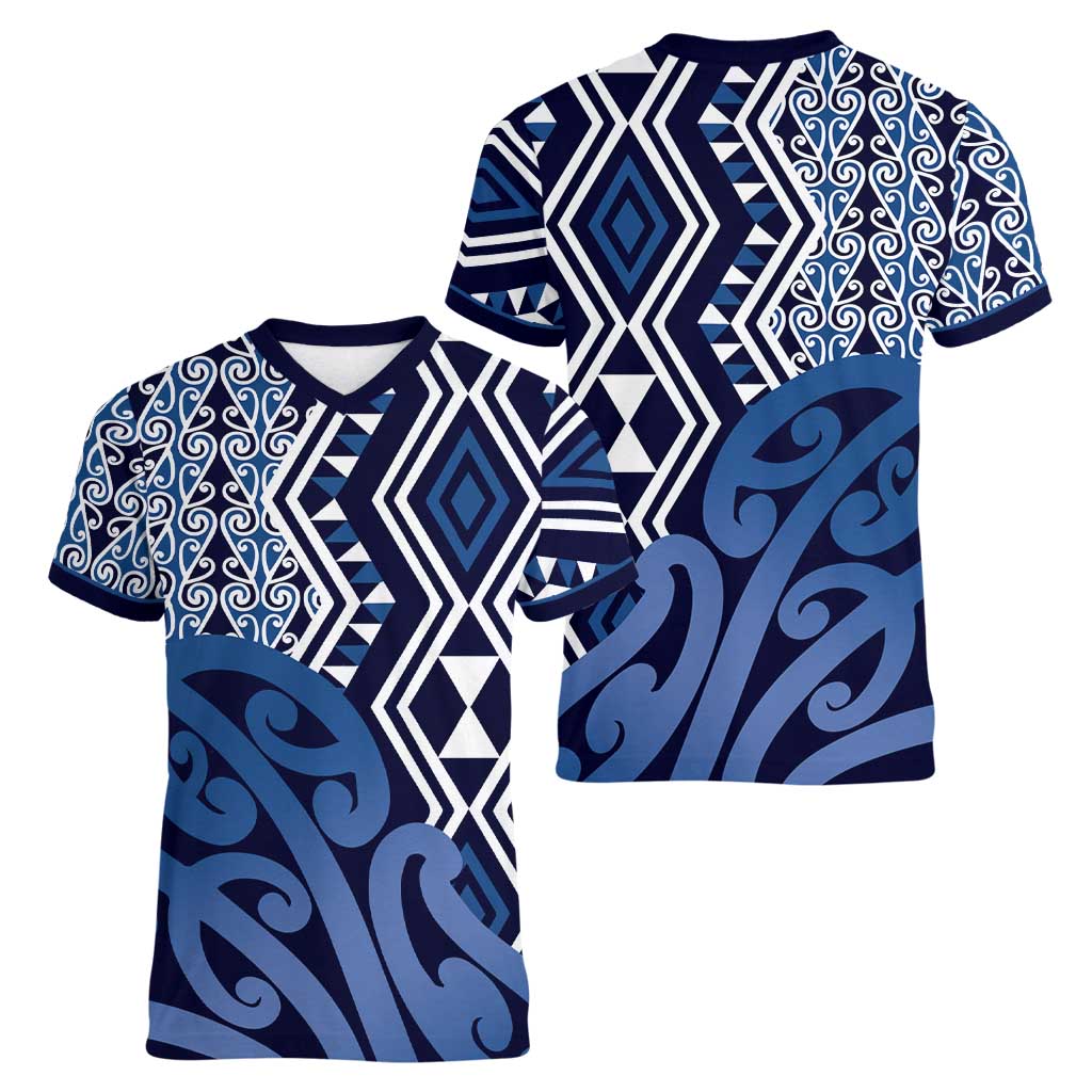 New Zealand Women V-Neck T-Shirt Aotearoa Kowhaiwhai Mix Taniko Art - Blue