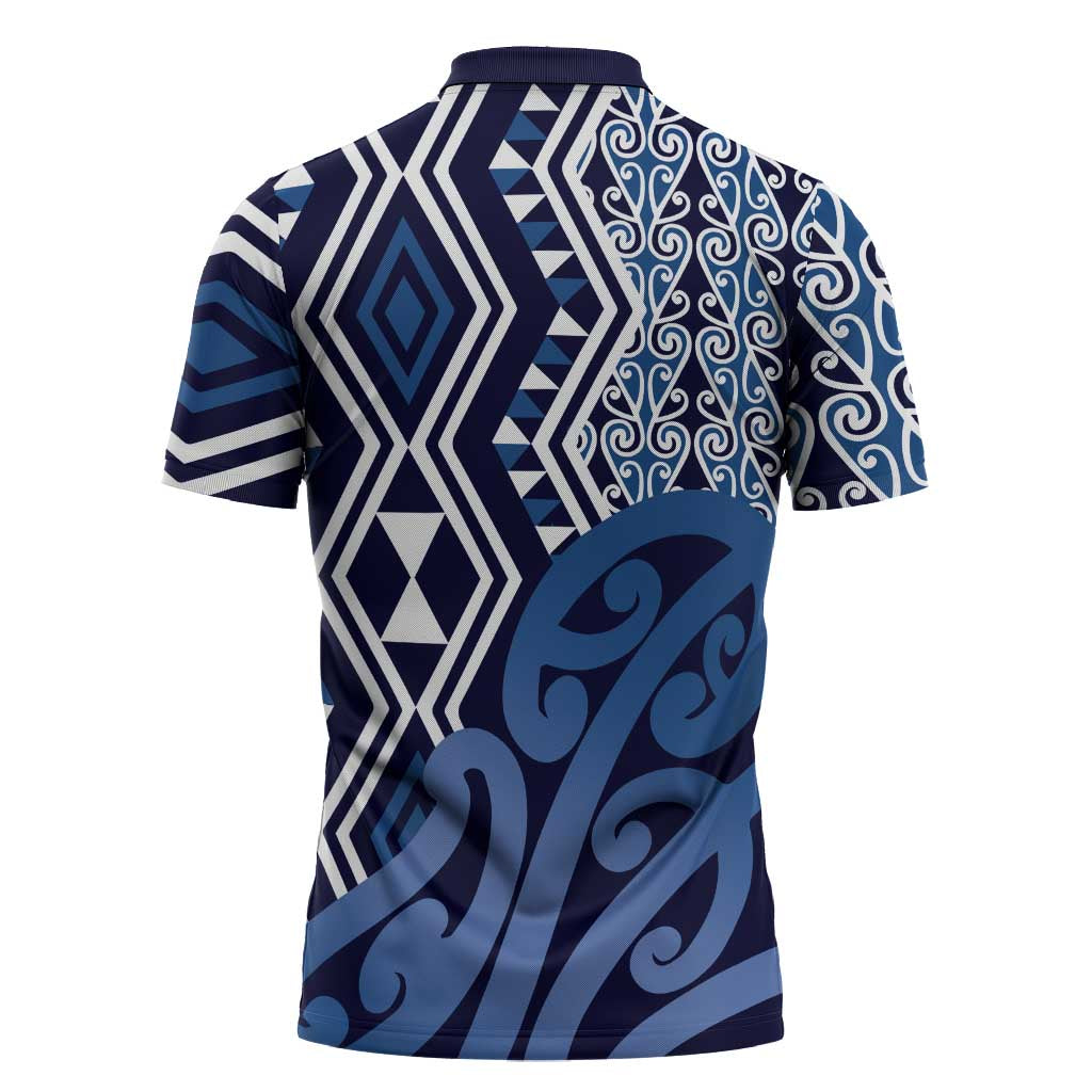 New Zealand Zipper Polo Shirt Aotearoa Kowhaiwhai Mix Taniko Art - Blue - Polynesian Pride