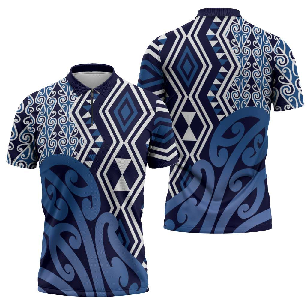 New Zealand Zipper Polo Shirt Aotearoa Kowhaiwhai Mix Taniko Art - Blue - Polynesian Pride