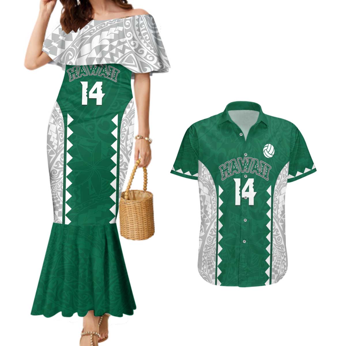 Custom Hawaii Volleyball Couples Matching Mermaid Dress and Hawaiian Shirt Hawaiian Kakau Pattern