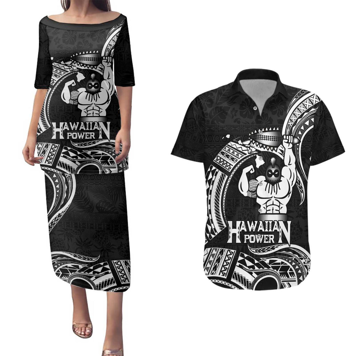 Black Hawaii Ikaika Warrior Couples Matching Puletasi and Hawaiian Shirt Hawaiian Power