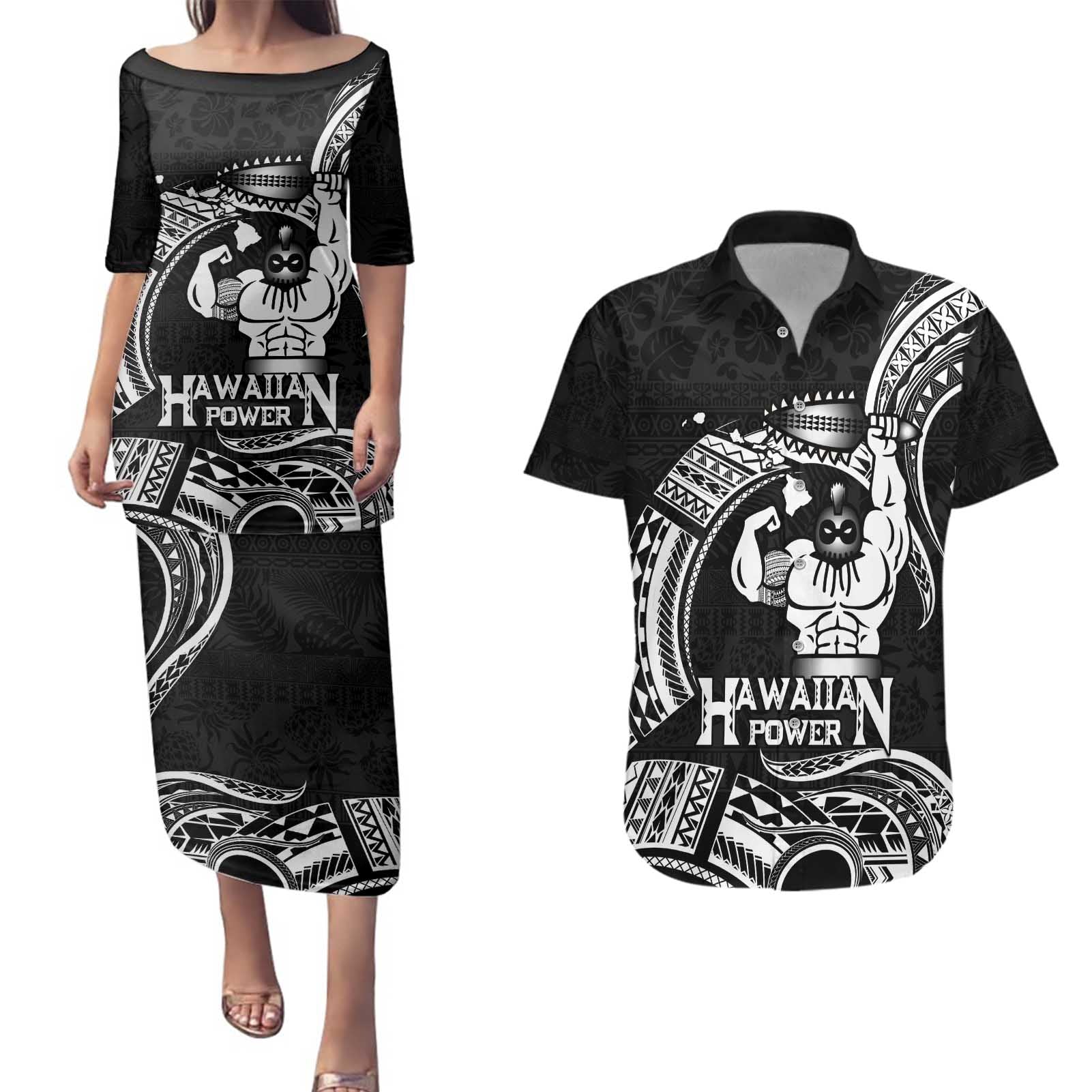 Black Hawaii Ikaika Warrior Couples Matching Puletasi and Hawaiian Shirt Hawaiian Power