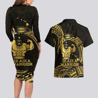 Gold Hawaii Ikaika Warrior Couples Matching Long Sleeve Bodycon Dress and Hawaiian Shirt Hawaiian Power