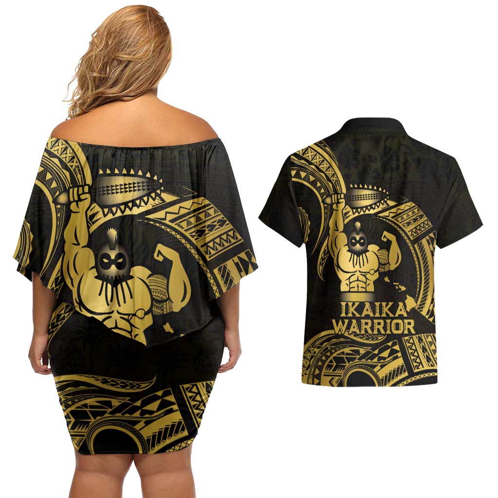 Gold Hawaii Ikaika Warrior Couples Matching Off Shoulder Short Dress and Hawaiian Shirt Hawaiian Power
