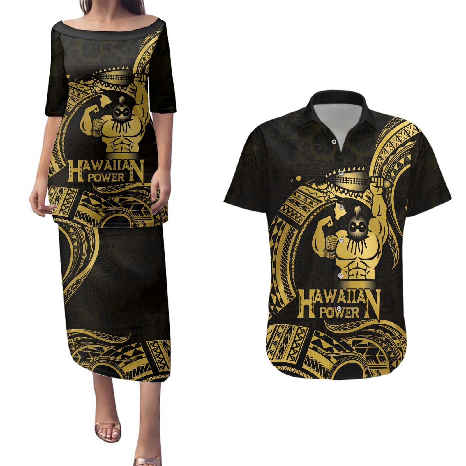 Gold Hawaii Ikaika Warrior Couples Matching Puletasi and Hawaiian Shirt Hawaiian Power