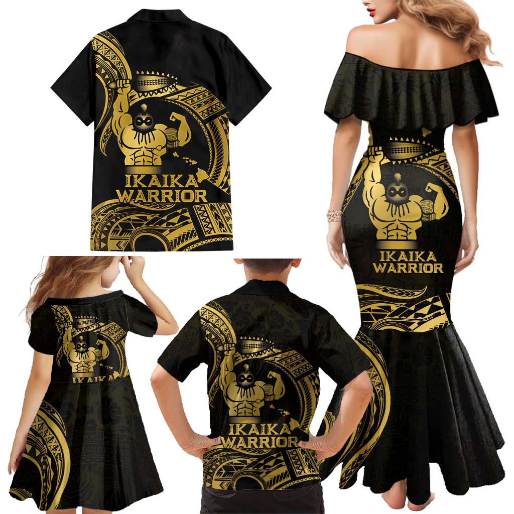 Gold Hawaii Ikaika Warrior Family Matching Mermaid Dress and Hawaiian Shirt Hawaiian Power