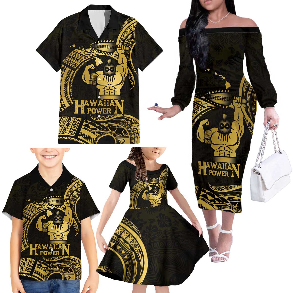 Gold Hawaii Ikaika Warrior Family Matching Off The Shoulder Long Sleeve Dress and Hawaiian Shirt Hawaiian Power