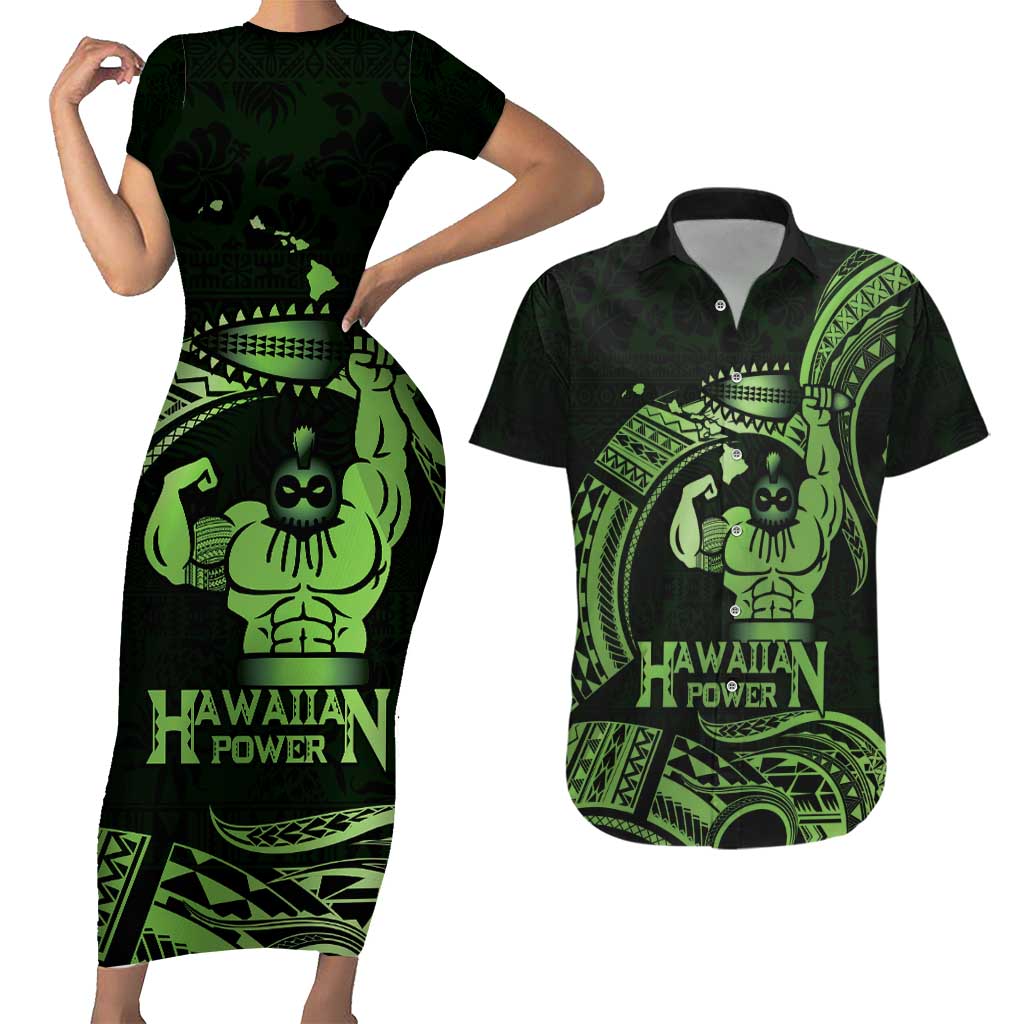 Green Hawaii Ikaika Warrior Couples Matching Short Sleeve Bodycon Dress and Hawaiian Shirt Hawaiian Power
