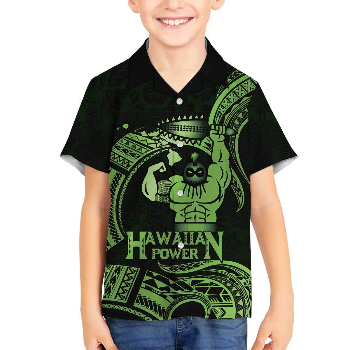 Green Hawaii Ikaika Warrior Family Matching Off The Shoulder Long Sleeve Dress and Hawaiian Shirt Hawaiian Power
