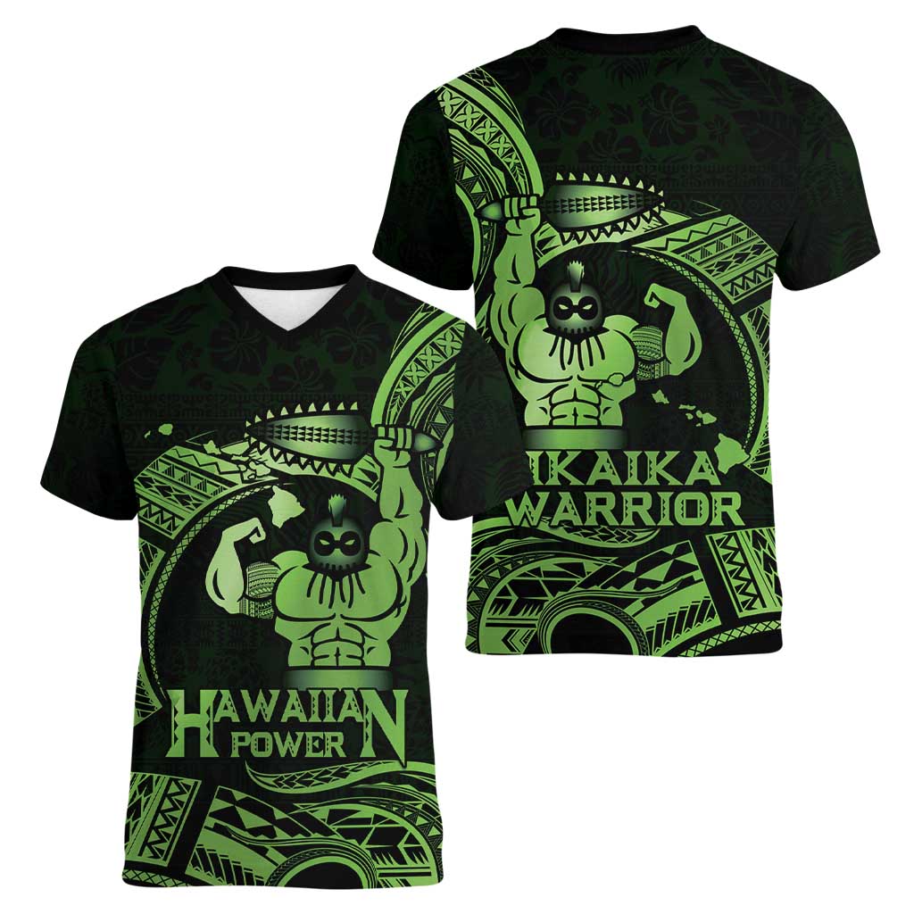 Green Hawaii Ikaika Warrior Women V-Neck T-Shirt Hawaiian Power