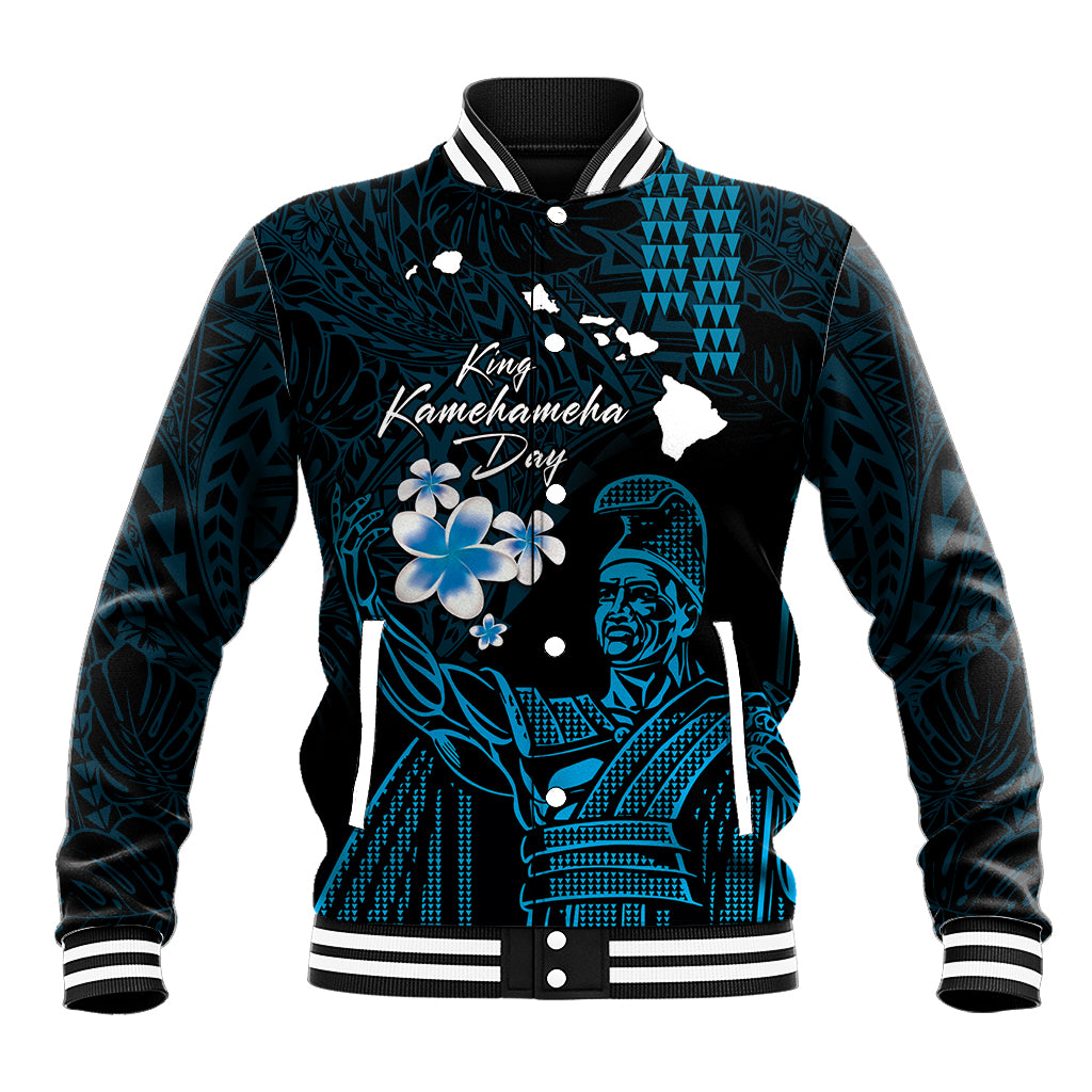 Personalised Hawaii King Kamehameha Day Baseball Jacket Plumeria With Kakau Pattern - Blue