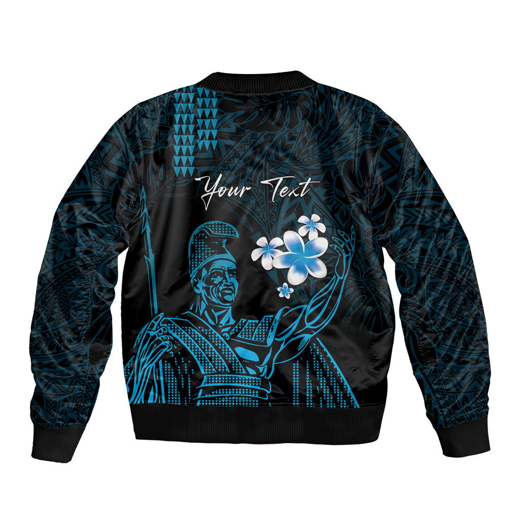 Personalised Hawaii King Kamehameha Day Bomber Jacket Plumeria With Kakau Pattern - Blue