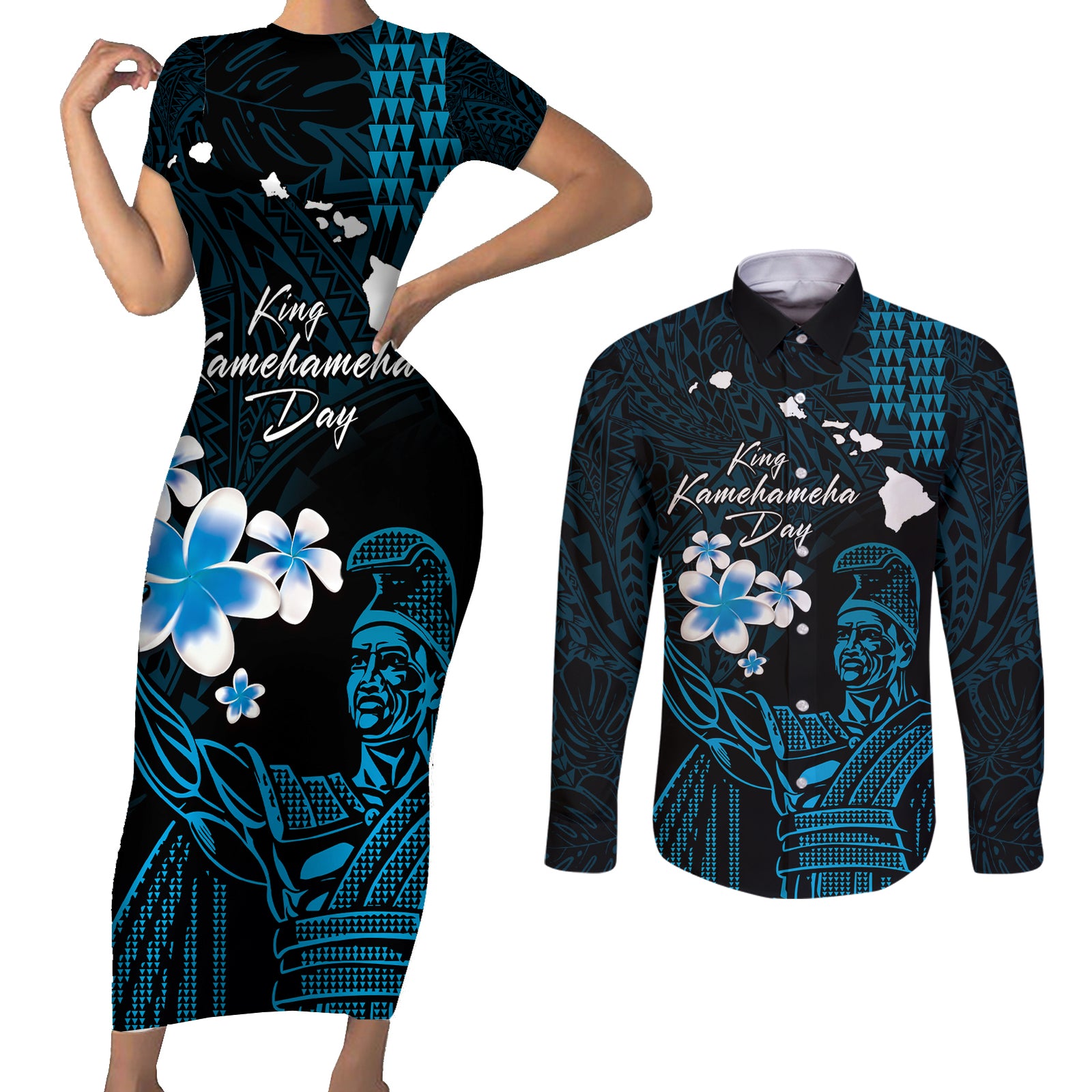 Personalised Hawaii King Kamehameha Day Couples Matching Short Sleeve Bodycon Dress and Long Sleeve Button Shirt Plumeria With Kakau Pattern - Blue