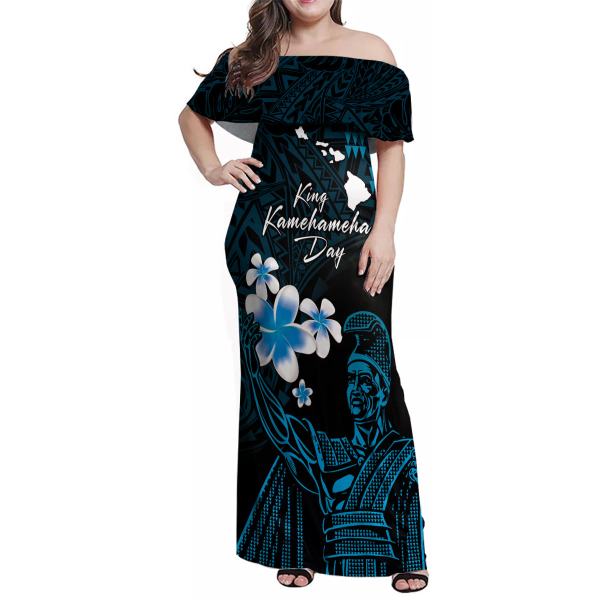 Personalised Hawaii King Kamehameha Day Family Matching Off Shoulder Maxi Dress and Hawaiian Shirt Plumeria With Kakau Pattern - Blue