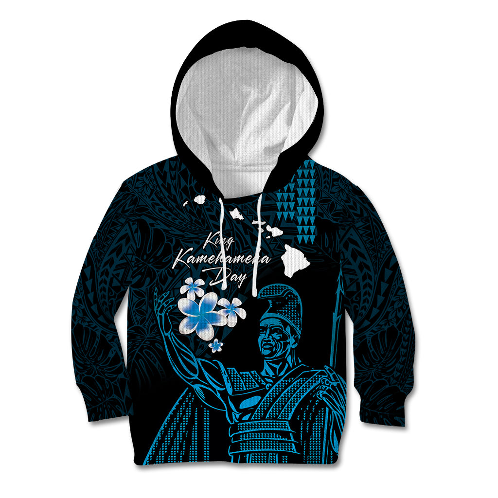Personalised Hawaii King Kamehameha Day Kid Hoodie Plumeria With Kakau Pattern - Blue