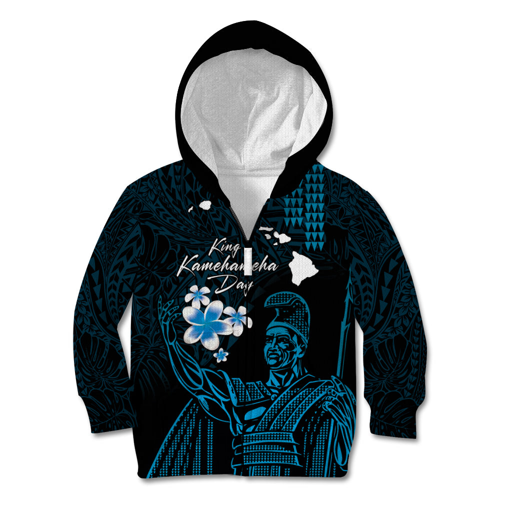 Personalised Hawaii King Kamehameha Day Kid Hoodie Plumeria With Kakau Pattern - Blue