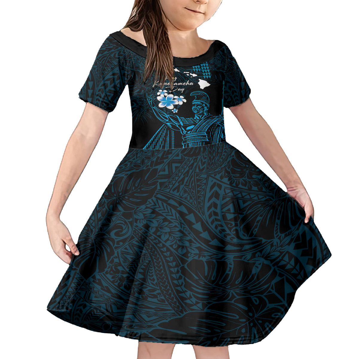 Personalised Hawaii King Kamehameha Day Kid Short Sleeve Dress Plumeria With Kakau Pattern - Blue
