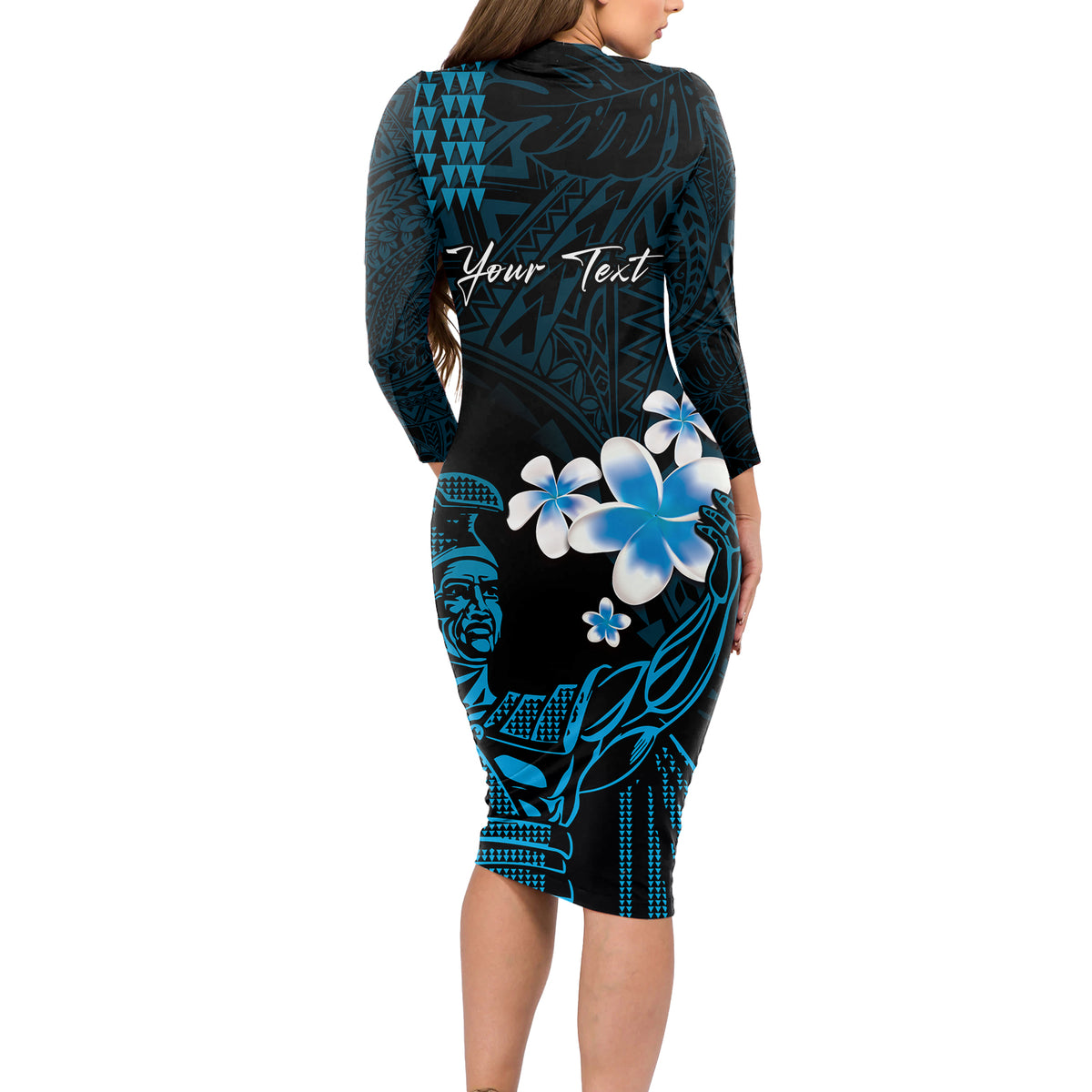 Personalised Hawaii King Kamehameha Day Long Sleeve Bodycon Dress Plumeria With Kakau Pattern - Blue