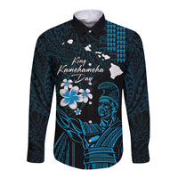Personalised Hawaii King Kamehameha Day Long Sleeve Button Shirt Plumeria With Kakau Pattern - Blue