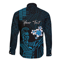 Personalised Hawaii King Kamehameha Day Long Sleeve Button Shirt Plumeria With Kakau Pattern - Blue