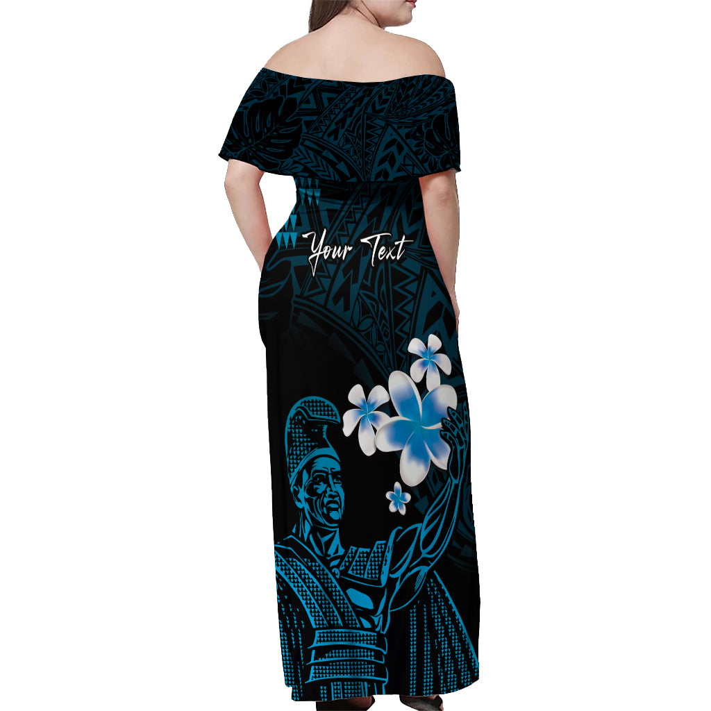 Personalised Hawaii King Kamehameha Day Off Shoulder Maxi Dress Plumeria With Kakau Pattern - Blue