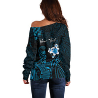 Personalised Hawaii King Kamehameha Day Off Shoulder Sweater Plumeria With Kakau Pattern - Blue