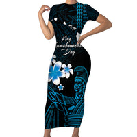 Personalised Hawaii King Kamehameha Day Short Sleeve Bodycon Dress Plumeria With Kakau Pattern - Blue