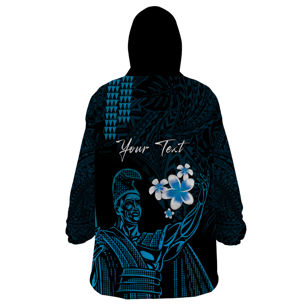 Personalised Hawaii King Kamehameha Day Wearable Blanket Hoodie Plumeria With Kakau Pattern - Blue