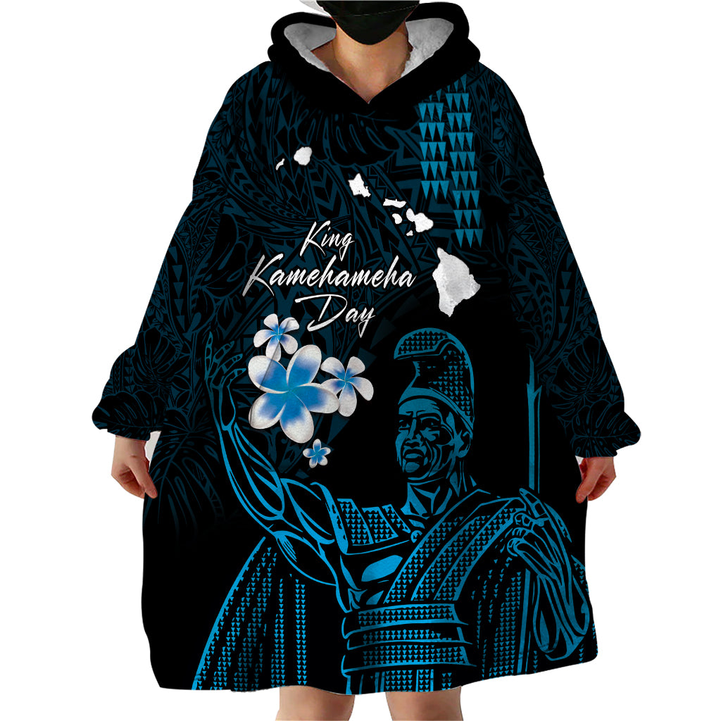 Personalised Hawaii King Kamehameha Day Wearable Blanket Hoodie Plumeria With Kakau Pattern - Blue