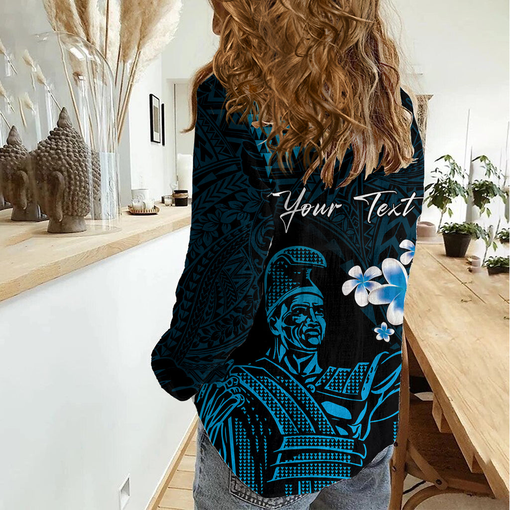 Personalised Hawaii King Kamehameha Day Women Casual Shirt Plumeria With Kakau Pattern - Blue