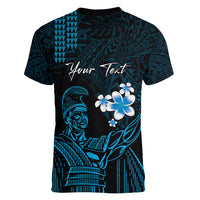 Personalised Hawaii King Kamehameha Day Women V Neck T Shirt Plumeria With Kakau Pattern - Blue