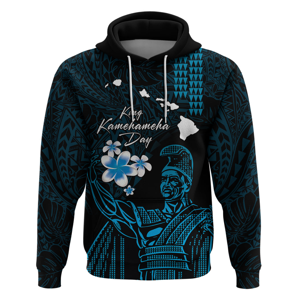 Personalised Hawaii King Kamehameha Day Zip Hoodie Plumeria With Kakau Pattern - Blue