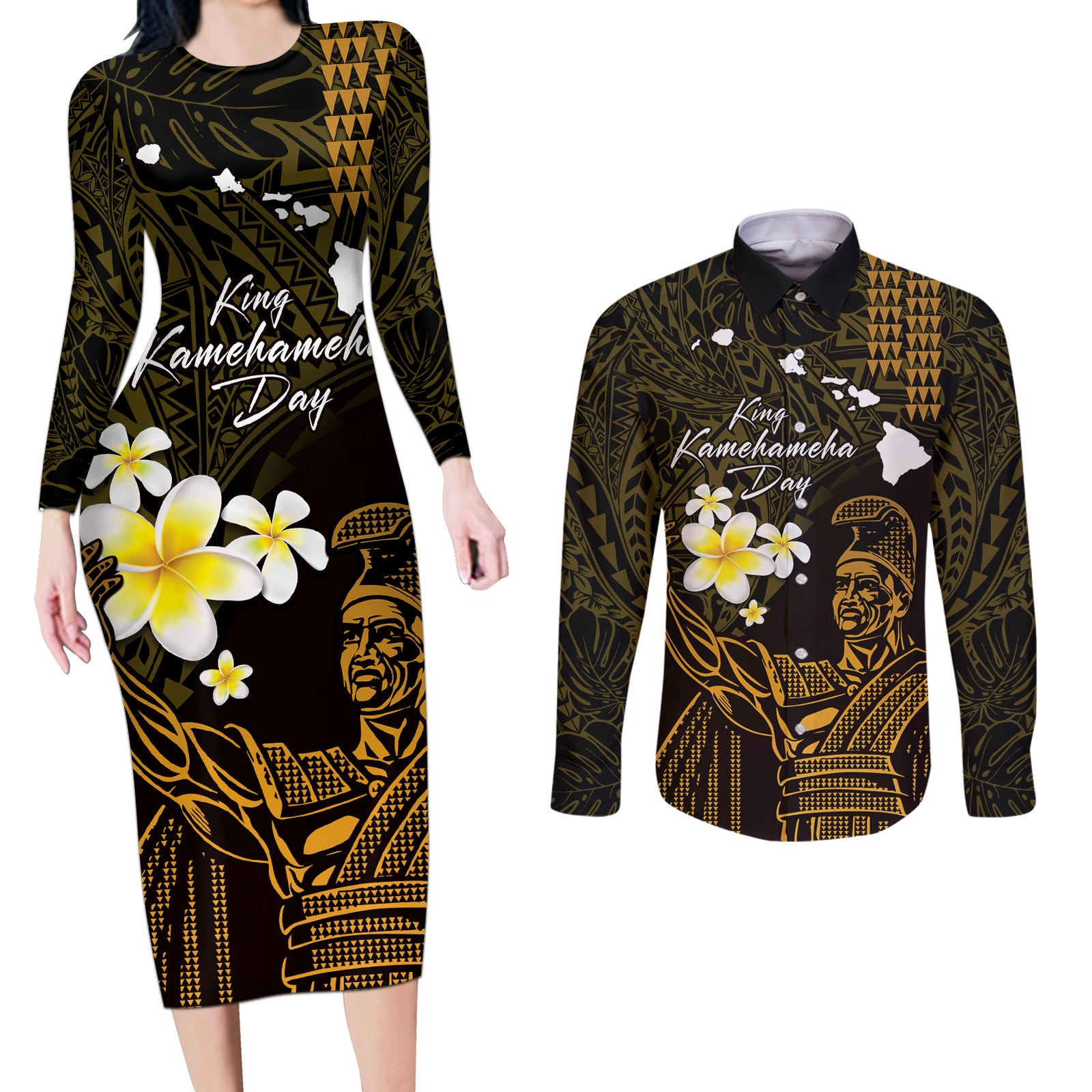 Personalised Hawaii King Kamehameha Day Couples Matching Long Sleeve Bodycon Dress and Long Sleeve Button Shirt Plumeria With Kakau Pattern - Gold