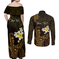 Personalised Hawaii King Kamehameha Day Couples Matching Off Shoulder Maxi Dress and Long Sleeve Button Shirt Plumeria With Kakau Pattern - Gold